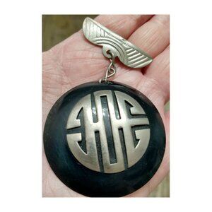 c1960s MCM Pin Longevity Shou Symbol Asian Chinese Dangle Drop Brooch